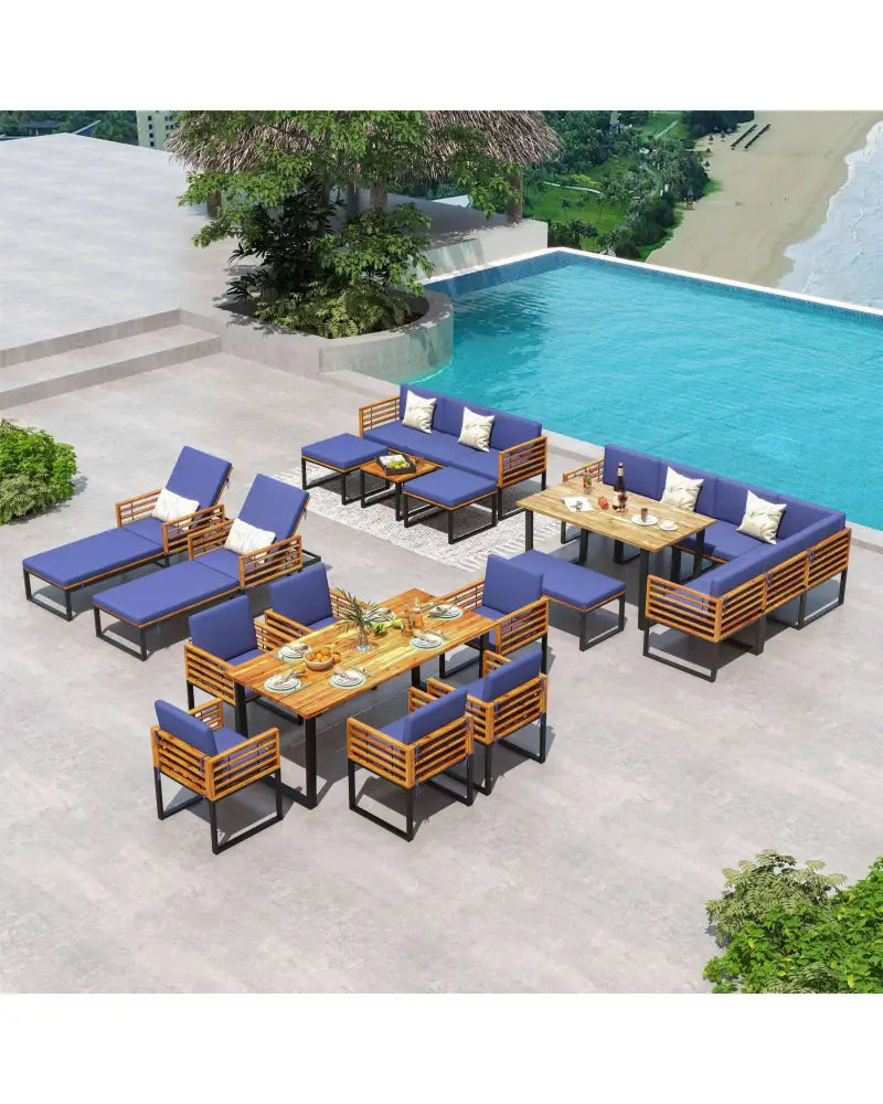 6 Pieces Patio Acacia Wood Conversation Sofa Set with Ottomans and Coffee Table-Navy - Navy - Patio Conversation Sets