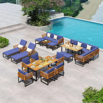 6 Pieces Patio Acacia Wood Conversation Sofa Set with Ottomans and Coffee Table-Navy - Navy - Patio Conversation Sets