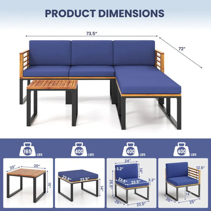 6 Pieces Patio Acacia Wood Conversation Sofa Set with Ottomans and Coffee Table-Navy - Navy - Patio Conversation Sets