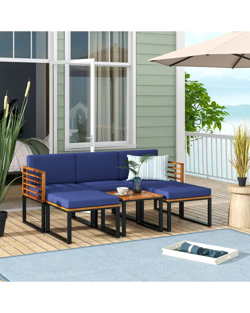 6 Pieces Patio Acacia Wood Conversation Sofa Set with Ottomans and Coffee Table-Navy - Navy - Patio Conversation Sets