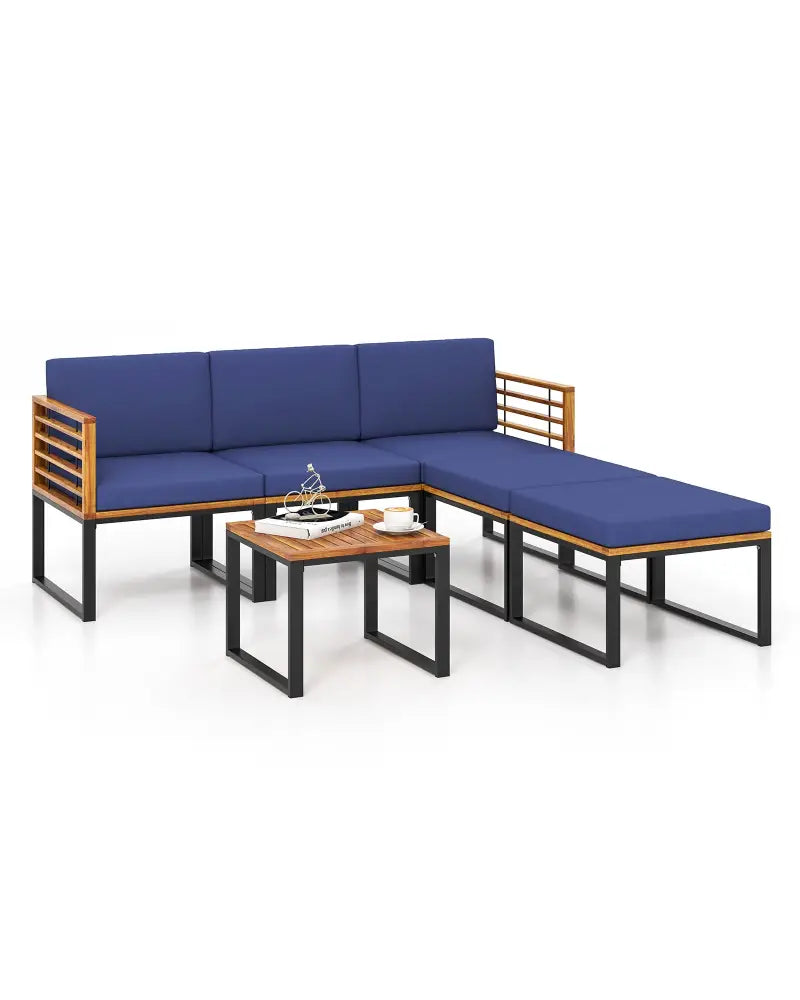 6 Pieces Patio Acacia Wood Conversation Sofa Set with Ottomans and Coffee Table-Navy - Navy - Patio Conversation Sets