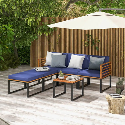 6 Pieces Patio Acacia Wood Conversation Sofa Set with Ottomans and Coffee Table-Navy - Navy - Patio Conversation Sets