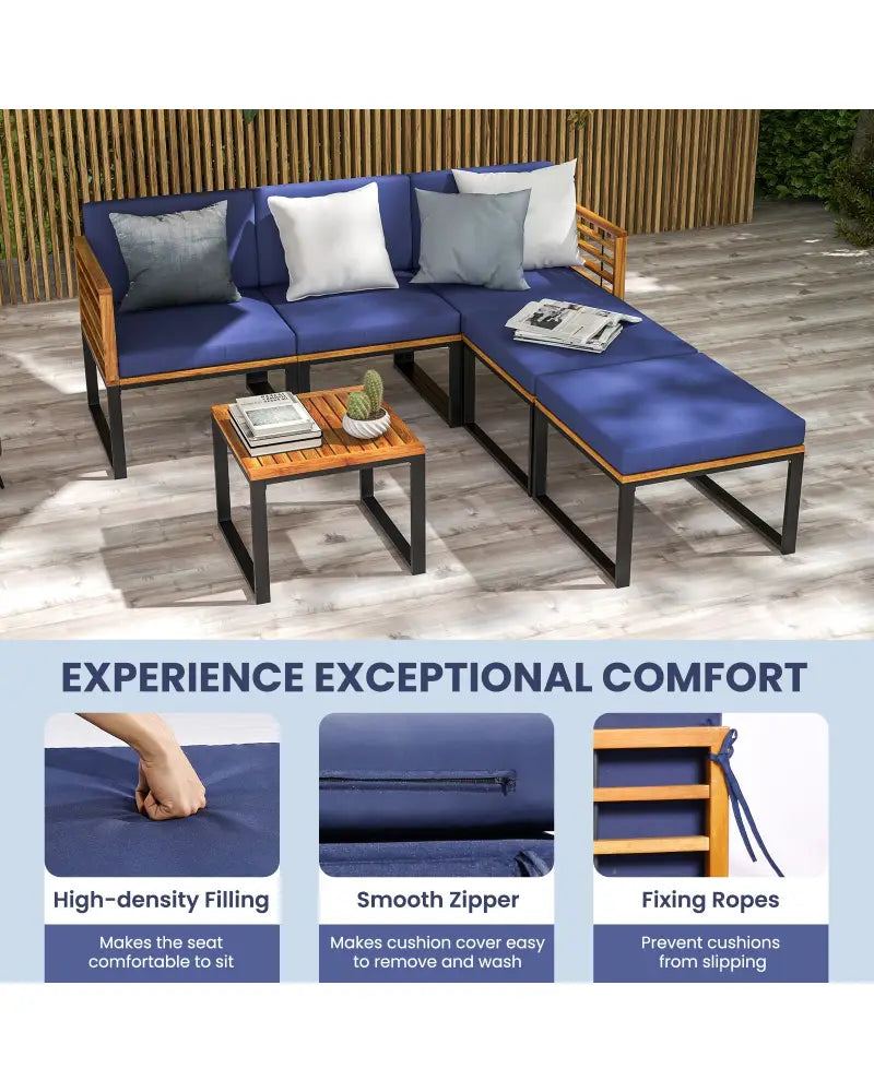 6 Pieces Patio Acacia Wood Conversation Sofa Set with Ottomans and Coffee Table-Navy - Navy - Patio Conversation Sets