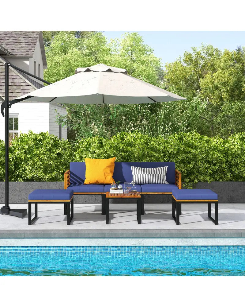 6 Pieces Patio Acacia Wood Conversation Sofa Set with Ottomans and Coffee Table-Navy - Navy - Patio Conversation Sets