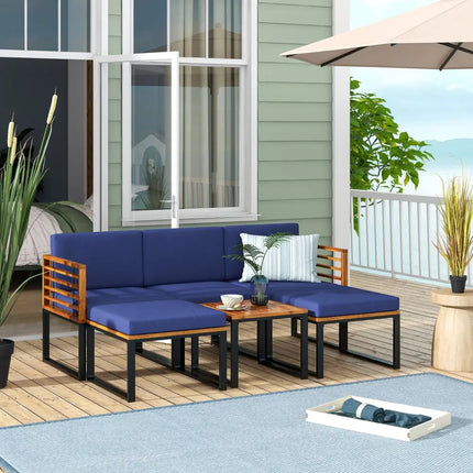 6 Pieces Patio Acacia Wood Conversation Sofa Set with Ottomans and Coffee Table-Navy - Navy - Patio Conversation Sets
