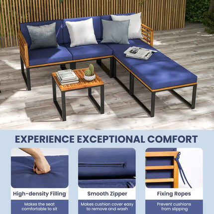 6 Pieces Patio Acacia Wood Conversation Sofa Set with Ottomans and Coffee Table-Navy - Navy - Patio Conversation Sets