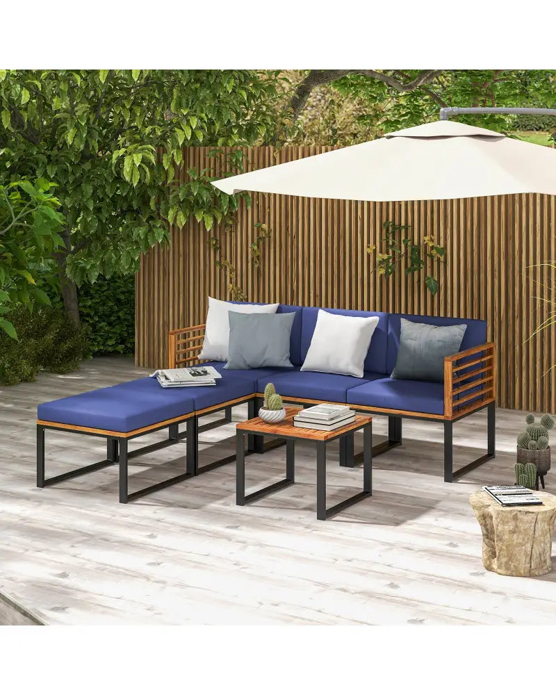 6 Pieces Patio Acacia Wood Conversation Sofa Set with Ottomans and Coffee Table-Navy - Navy - Patio Conversation Sets