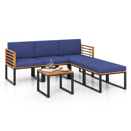 6 Pieces Patio Acacia Wood Conversation Sofa Set with Ottomans and Coffee Table-Navy - Navy - Patio Conversation Sets