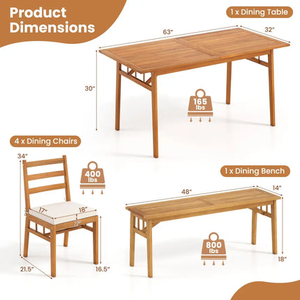 6 Pieces Patio Acacia Wood Dining Set with Bench Rectangular Table and Chairs - Patio Dining Sets