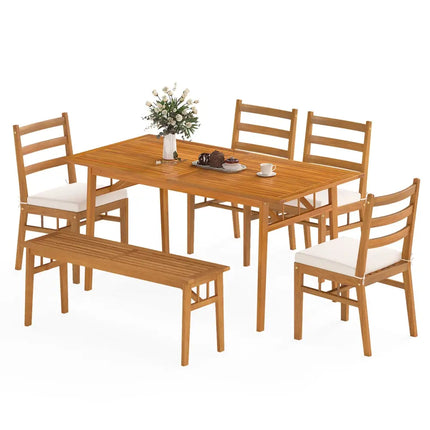 6 Pieces Patio Acacia Wood Dining Set with Bench Rectangular Table and Chairs - Patio Dining Sets