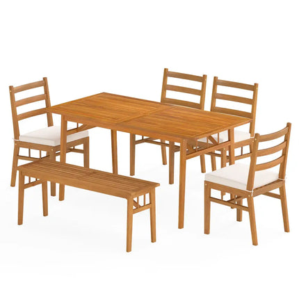 6 Pieces Patio Acacia Wood Dining Set with Bench Rectangular Table and Chairs - Patio Dining Sets