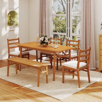 6 Pieces Patio Acacia Wood Dining Set with Bench Rectangular Table and Chairs - Patio Dining Sets