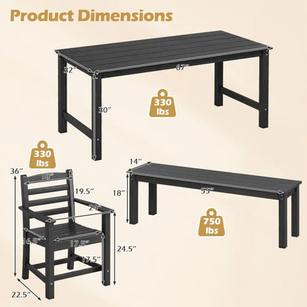 6 Pieces Patio Dining Bench Set Outdoor HDPE Weather Resistant Table and Chairs Set-Black - Black - Patio Dining Sets