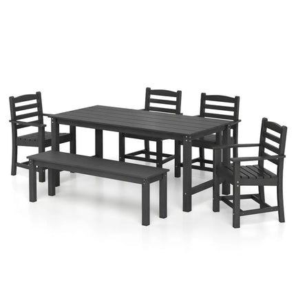 6 Pieces Patio Dining Bench Set Outdoor HDPE Weather Resistant Table and Chairs Set-Black - Black - Patio Dining Sets