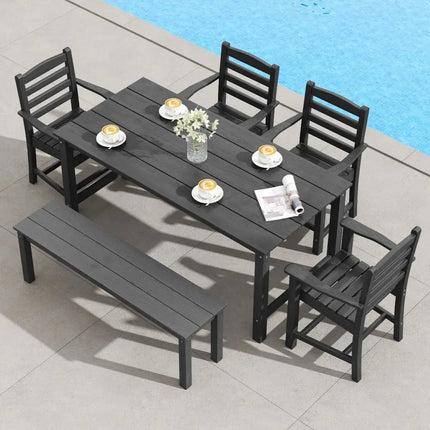 6 Pieces Patio Dining Bench Set Outdoor HDPE Weather Resistant Table and Chairs Set-Black - Black - Patio Dining Sets