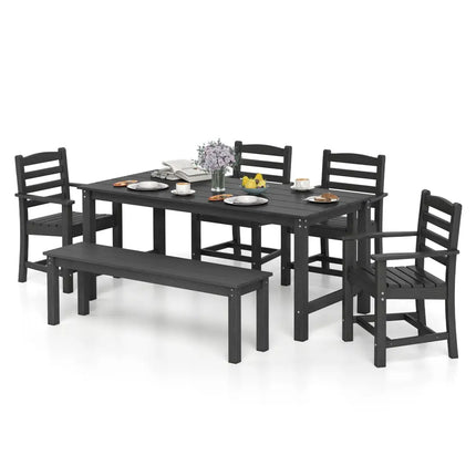 6 Pieces Patio Dining Bench Set Outdoor HDPE Weather Resistant Table and Chairs Set-Black - Black - Patio Dining Sets