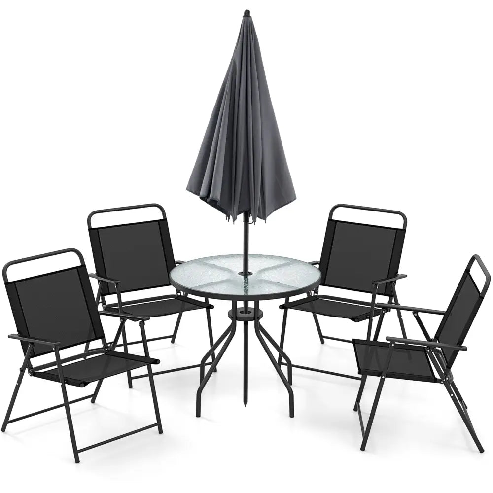 6 Pieces Patio Dining Set Folding Chairs Glass Table Tilt Umbrella for Garden-Gray - Gray - Patio Dining Sets