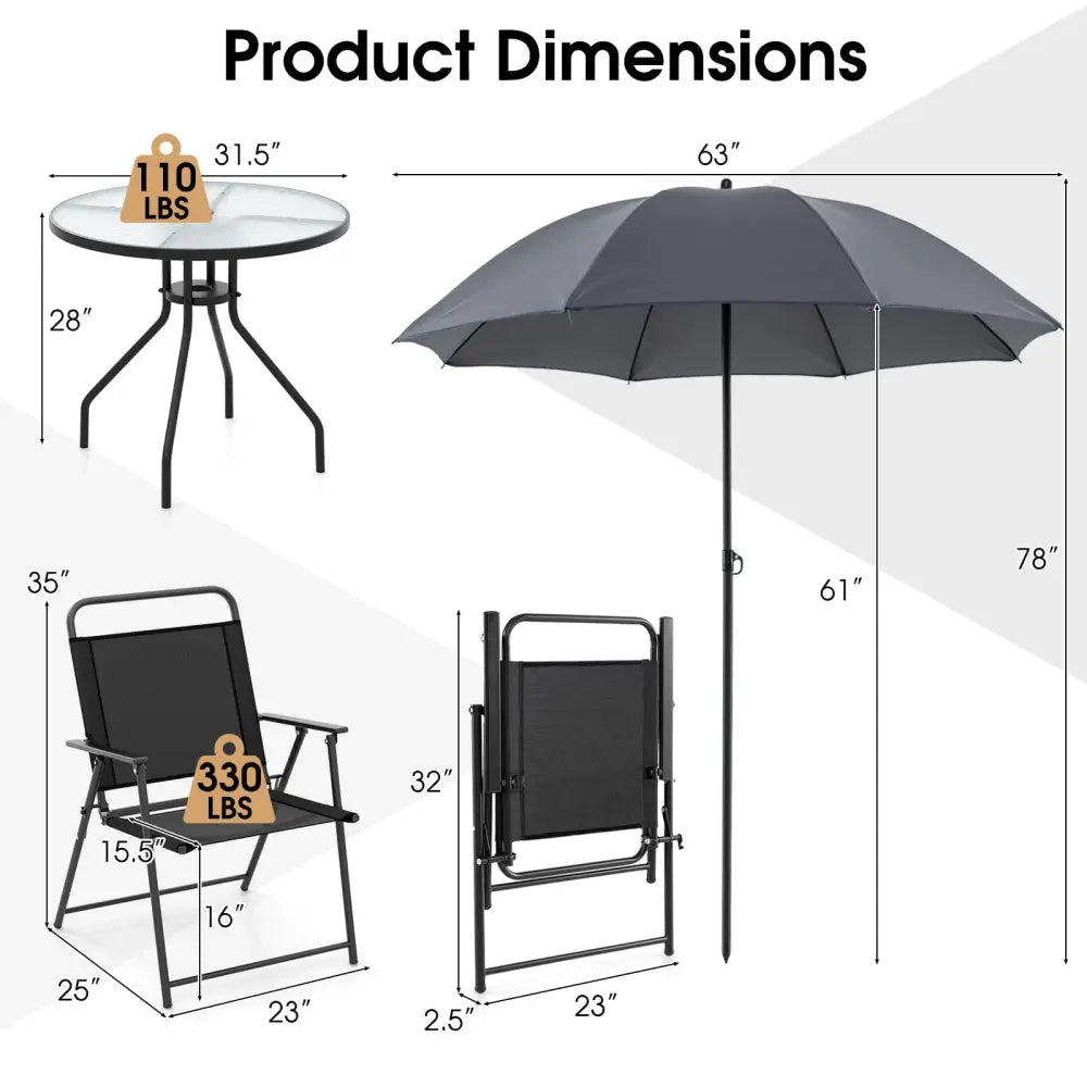 6 Pieces Patio Dining Set Folding Chairs Glass Table Tilt Umbrella for Garden-Gray - Gray - Patio Dining Sets