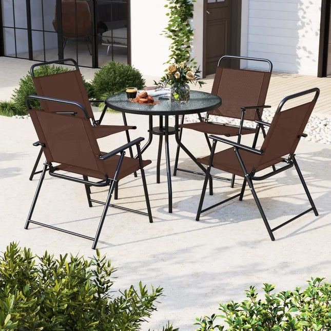 6 Pieces Patio Dining Set Folding Chairs Glass Table Tilt Umbrella for Garden-Coffee - Coffee - Patio Dining Sets