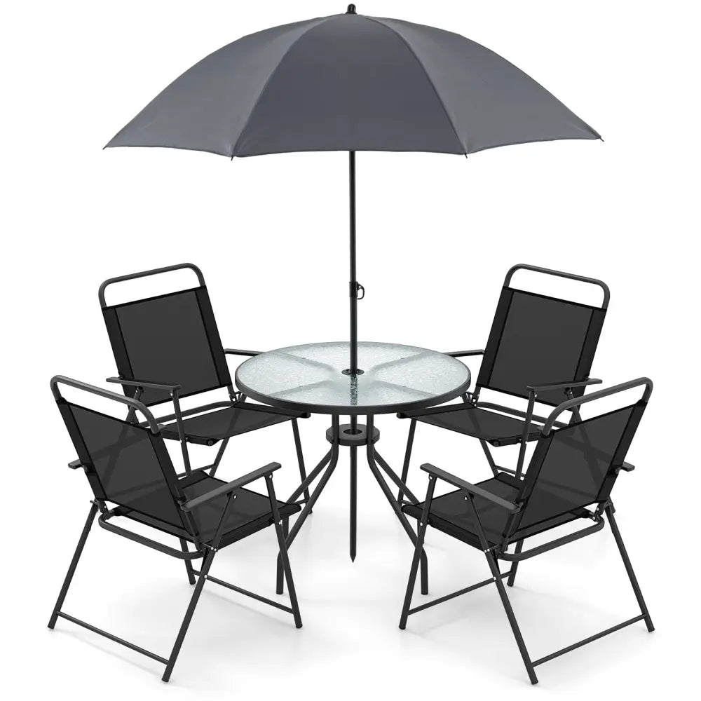 6 Pieces Patio Dining Set Folding Chairs Glass Table Tilt Umbrella for Garden-Gray - Gray - Patio Dining Sets