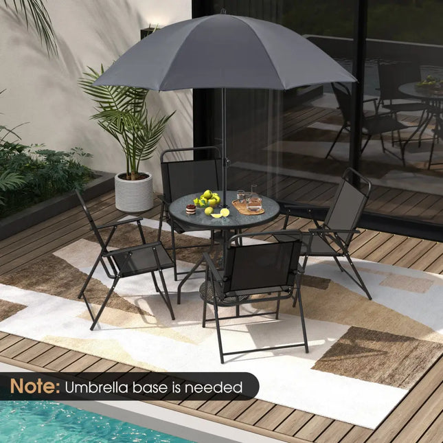 6 Pieces Patio Dining Set Folding Chairs Glass Table Tilt Umbrella for Garden-Gray - Gray - Patio Dining Sets