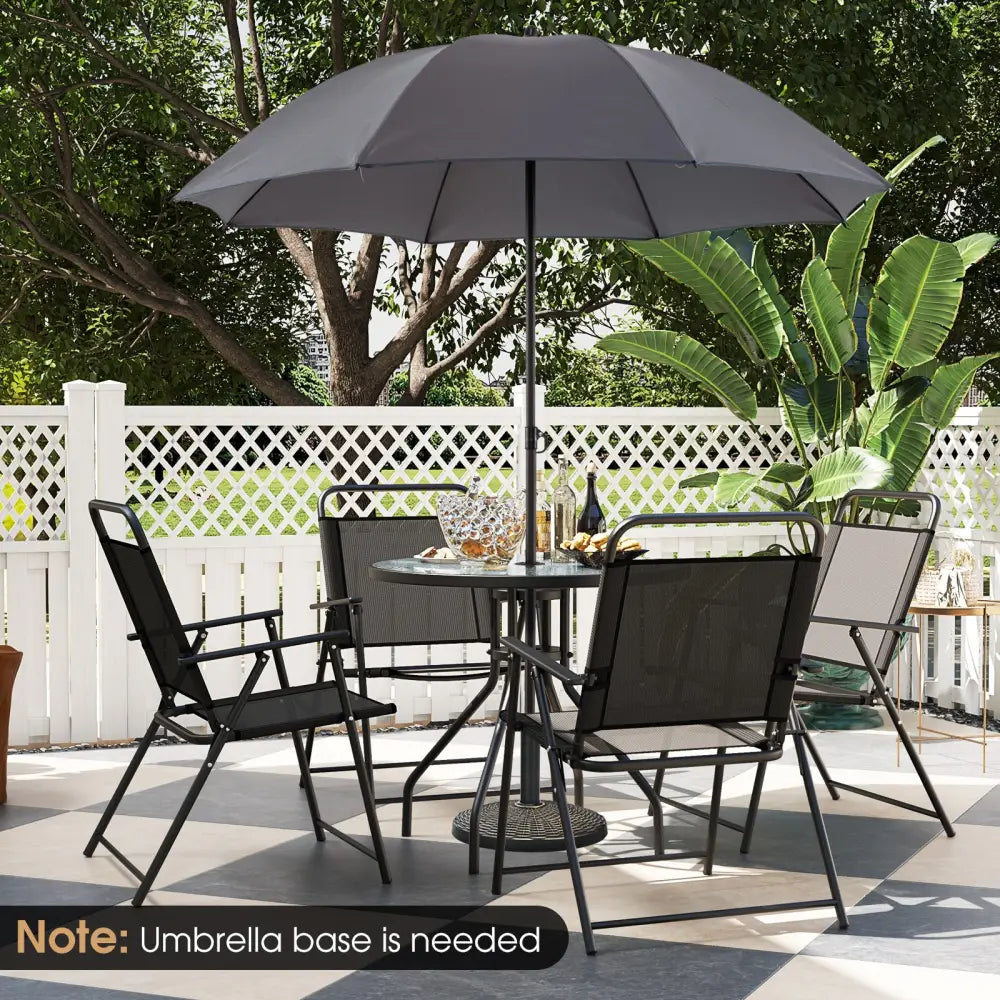 6 Pieces Patio Dining Set Folding Chairs Glass Table Tilt Umbrella for Garden-Gray - Gray - Patio Dining Sets