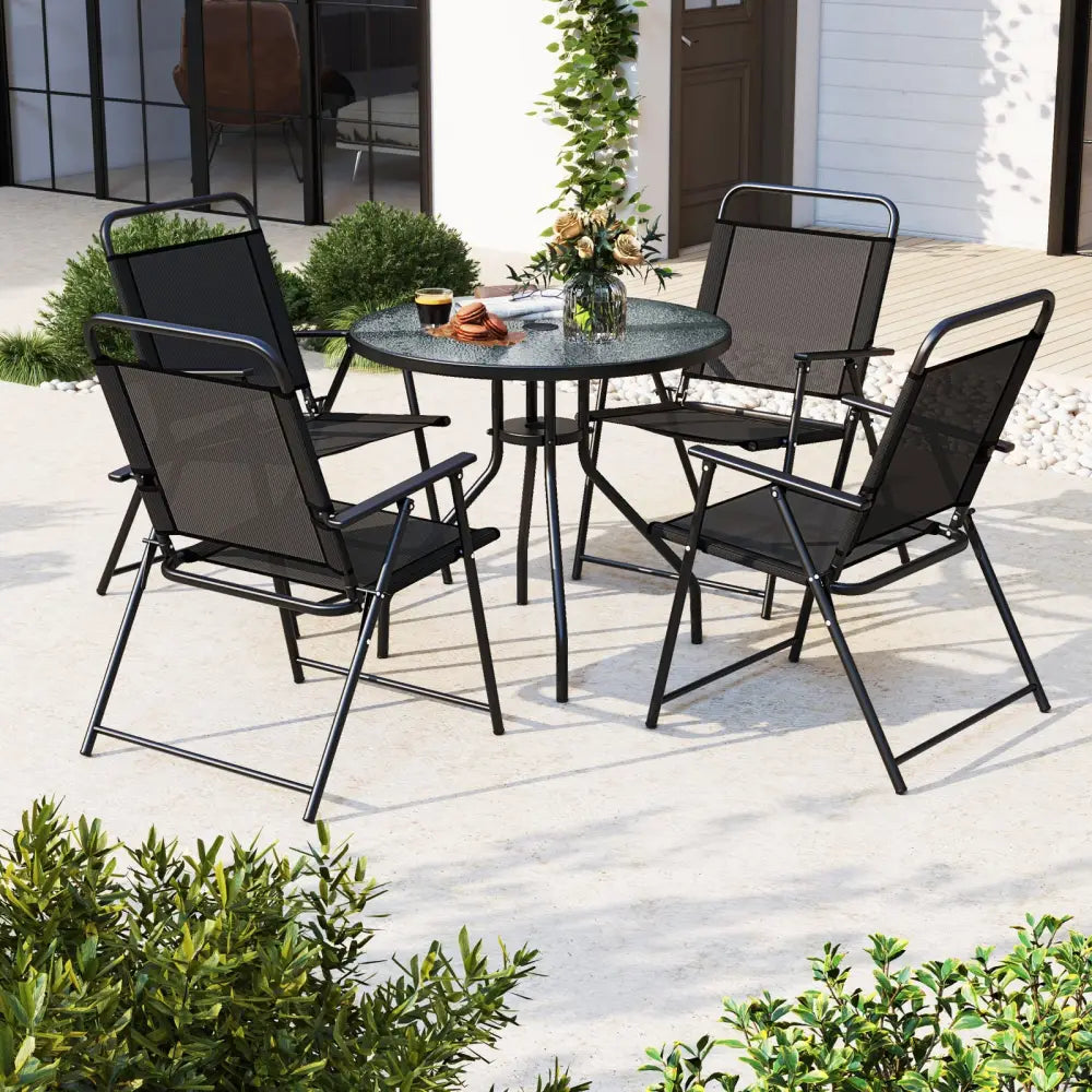6 Pieces Patio Dining Set Folding Chairs Glass Table Tilt Umbrella for Garden-Gray - Gray - Patio Dining Sets