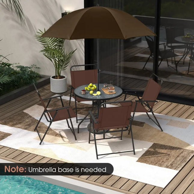 6 Pieces Patio Dining Set Folding Chairs Glass Table Tilt Umbrella for Garden-Coffee - Coffee - Patio Dining Sets