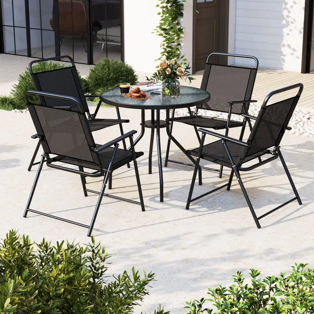 6 Pieces Patio Dining Set Folding Chairs Glass Table Tilt Umbrella for Garden-Gray - Gray - Patio Dining Sets