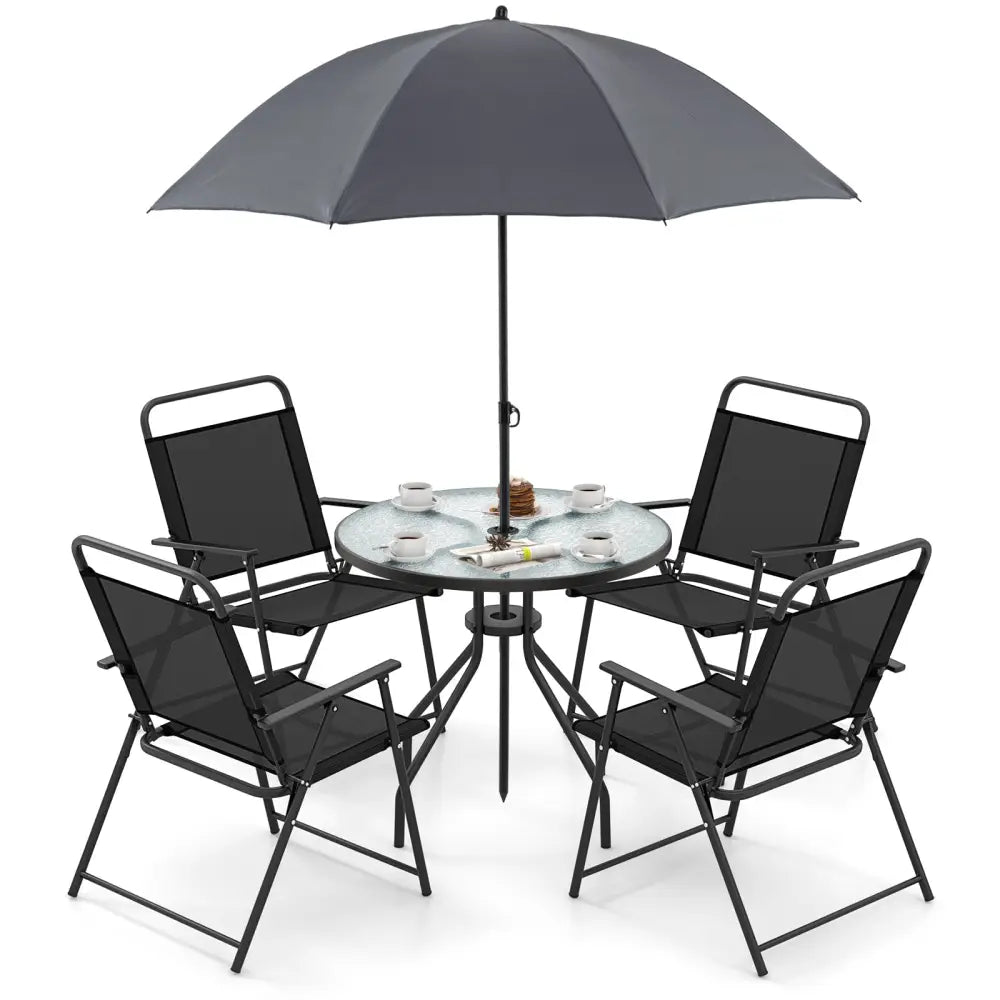 6 Pieces Patio Dining Set Folding Chairs Glass Table Tilt Umbrella for Garden-Gray - Gray - Patio Dining Sets
