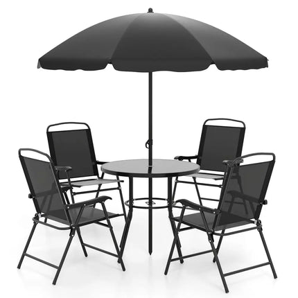 6 Pieces Patio Dining Set with Umbrella with 4 Folding Armchairs - Black - Patio Dining Sets