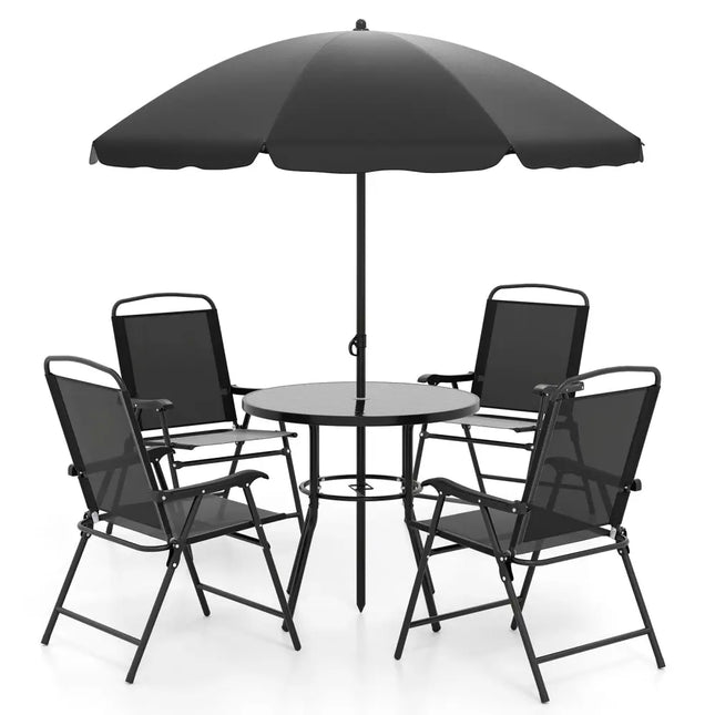 6 Pieces Patio Dining Set with Umbrella with 4 Folding Armchairs - Black - Patio Dining Sets