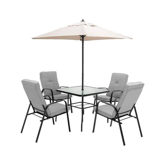 6 Pieces Patio Dining Set with Umbrella and Stackable Cushioned Chairs - Gray - Patio Dining Sets