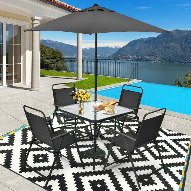 6 Pieces Patio Dining Set with Umbrella-Gray - Gray - Patio Dining Sets