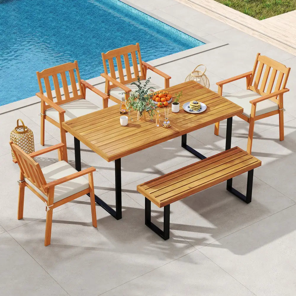 6 Pieces Patio Dining Table Set 63€ Rectangle Table with 4 Acacia Wood Armchairs and Backless Bench - Patio Dining Sets