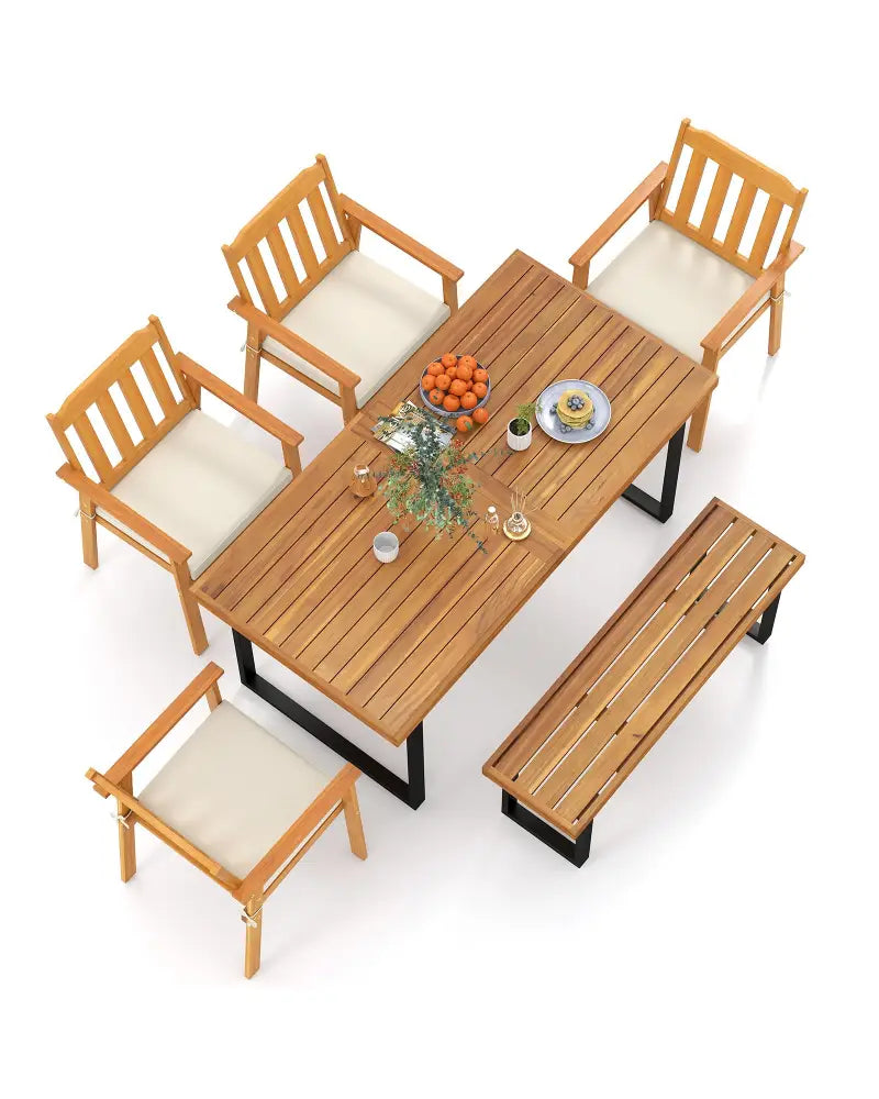 6 Pieces Patio Dining Table Set 63€ Rectangle Table with 4 Acacia Wood Armchairs and Backless Bench - Patio Dining Sets