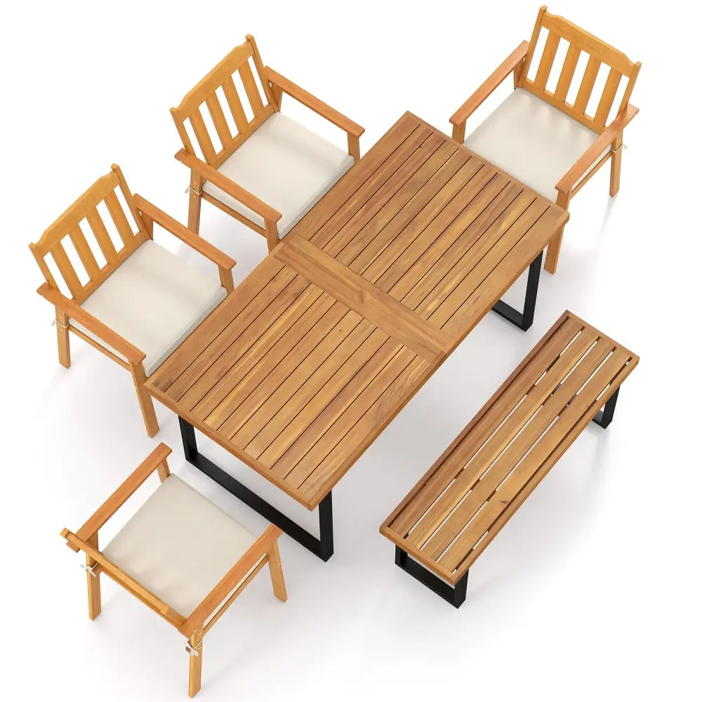6 Pieces Patio Dining Table Set 63€ Rectangle Table with 4 Acacia Wood Armchairs and Backless Bench - Patio Dining Sets