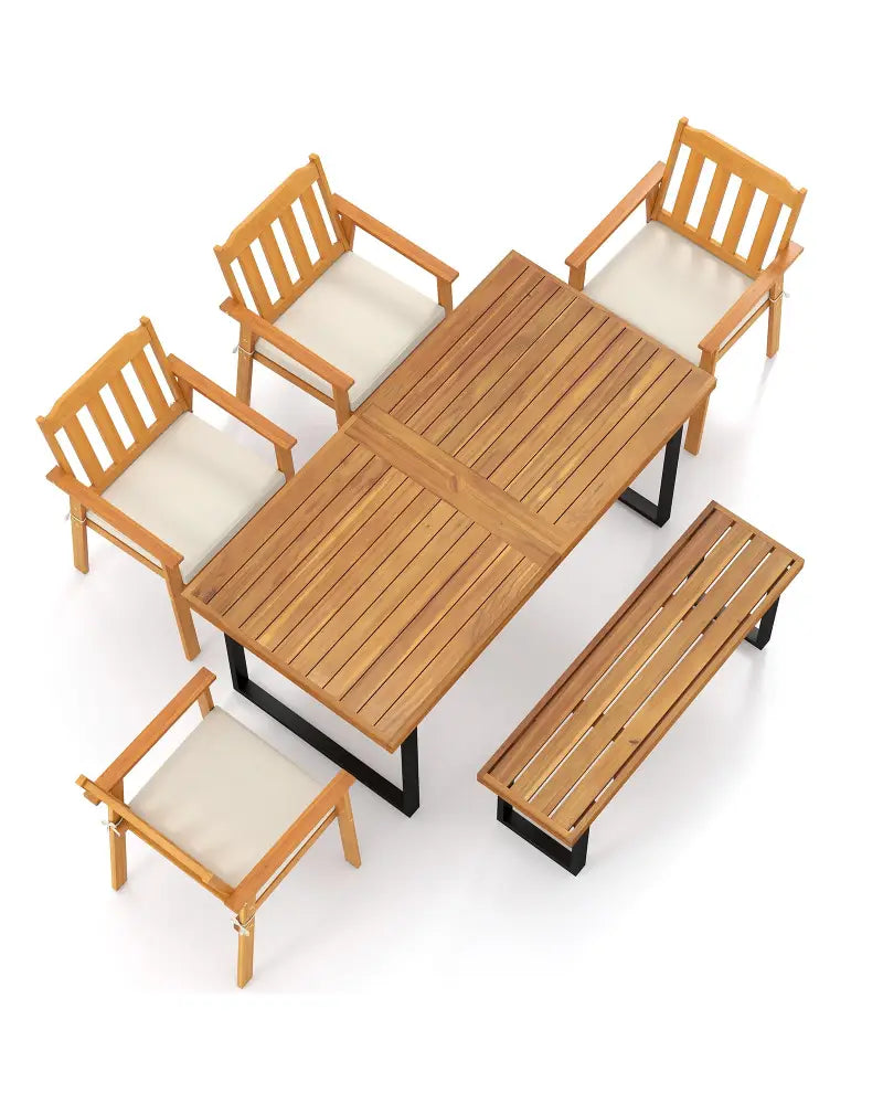 6 Pieces Patio Dining Table Set 63€ Rectangle Table with 4 Acacia Wood Armchairs and Backless Bench - Patio Dining Sets