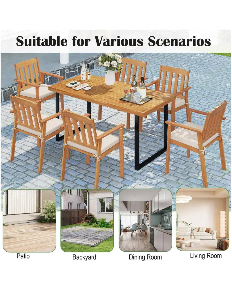 6 Pieces Patio Dining Table Set 63€ Rectangle Table with 4 Acacia Wood Armchairs and Backless Bench - Patio Dining Sets