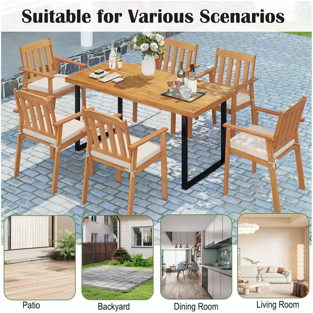 6 Pieces Patio Dining Table Set 63€ Rectangle Table with 4 Acacia Wood Armchairs and Backless Bench - Patio Dining Sets