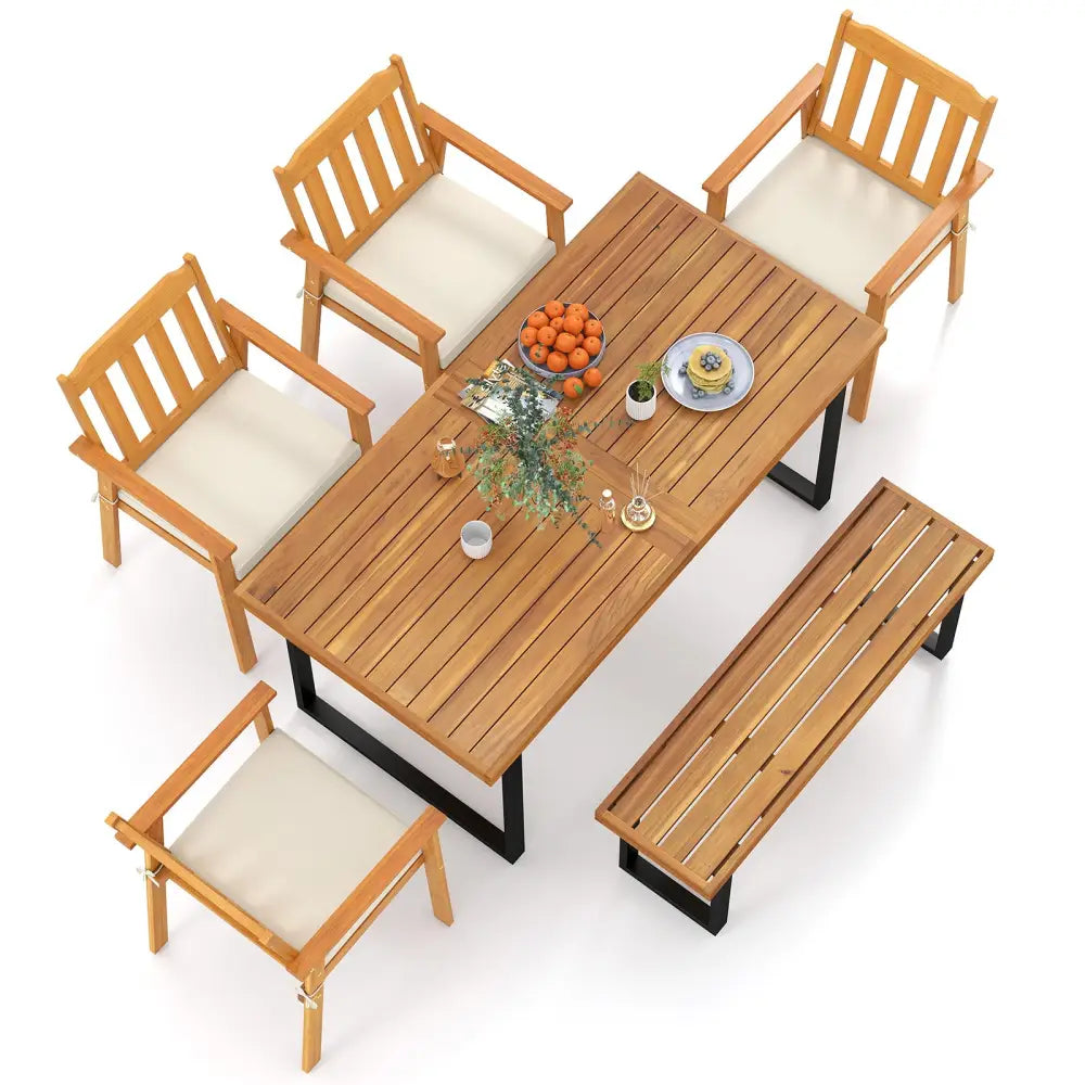 6 Pieces Patio Dining Table Set 63€ Rectangle Table with 4 Acacia Wood Armchairs and Backless Bench - Patio Dining Sets