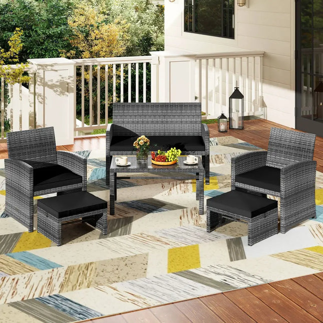 6 Pieces Patio Furniture Set Outdoor Sectional Conversation PE Rattan Sofa Set-Black - Black - Outdoor Sectionals