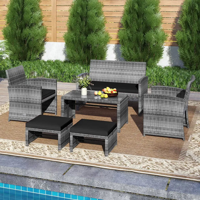 6 Pieces Patio Furniture Set Outdoor Sectional Conversation PE Rattan Sofa Set-Black - Black - Outdoor Sectionals