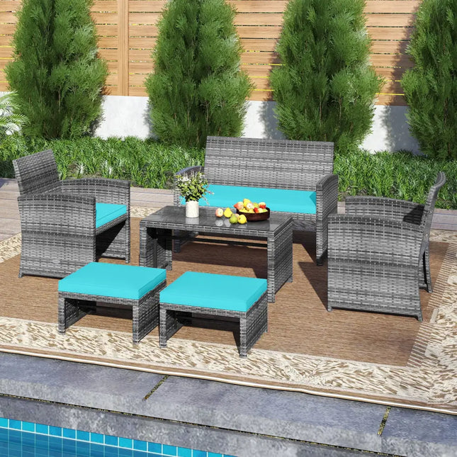 6 Pieces Patio Furniture Set Outdoor Sectional Conversation PE Rattan Sofa Set-Turquoise - Turquoise - Outdoor