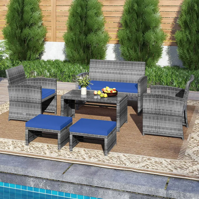 6 Pieces Patio Furniture Set Outdoor Sectional Conversation PE Rattan Sofa Set-Navy - Navy - Outdoor Sectionals