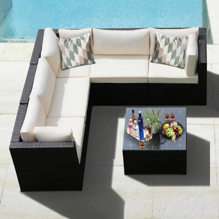 6 Pieces Patio Furniture Sofa Set with Cushions for Outdoor-Beige - Beige - Outdoor Sectionals