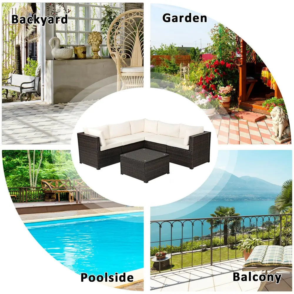 6 Pieces Patio Furniture Sofa Set with Cushions for Outdoor-Beige - Beige - Outdoor Sectionals