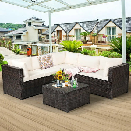 6 Pieces Patio Furniture Sofa Set with Cushions for Outdoor-Beige - Beige - Outdoor Sectionals