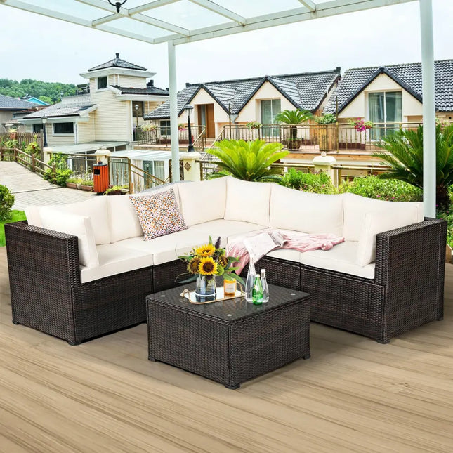 6 Pieces Patio Furniture Sofa Set with Cushions for Outdoor-Beige - Beige - Outdoor Sectionals