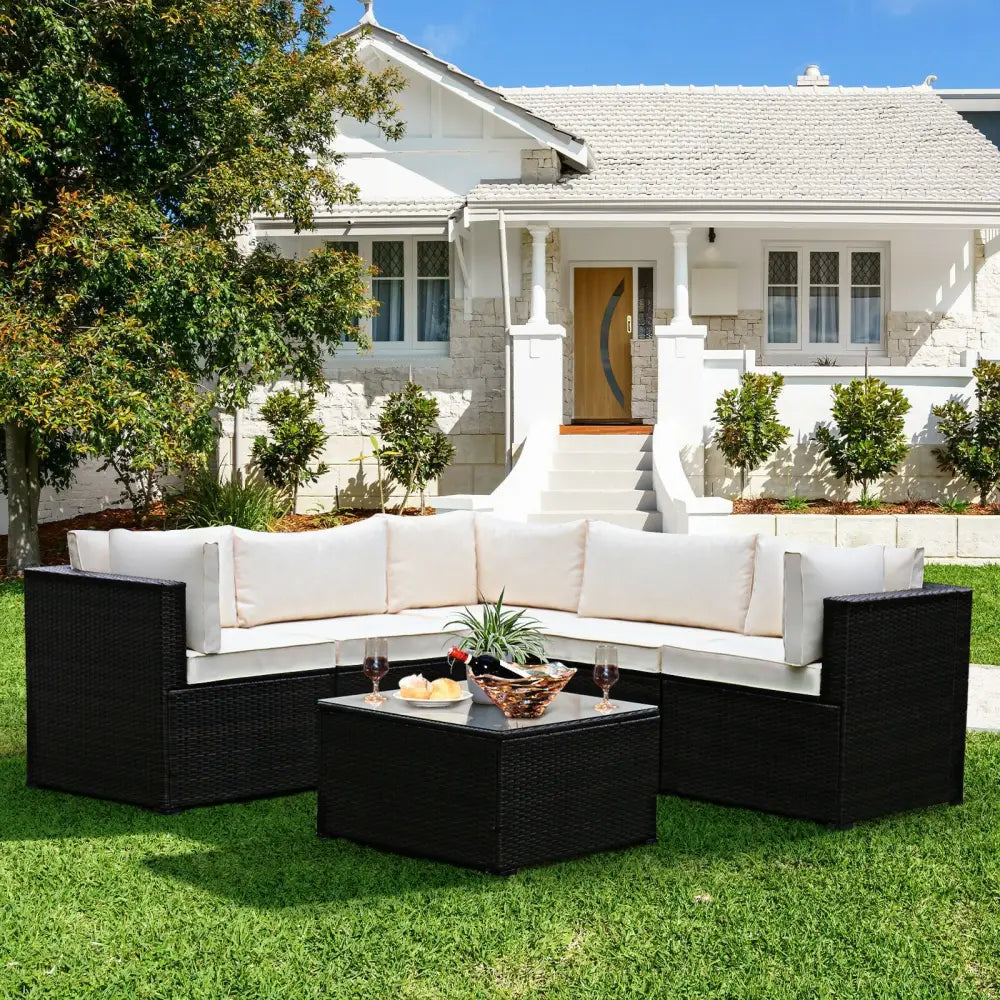 6 Pieces Patio Furniture Sofa Set with Cushions for Outdoor-Beige - Beige - Outdoor Sectionals